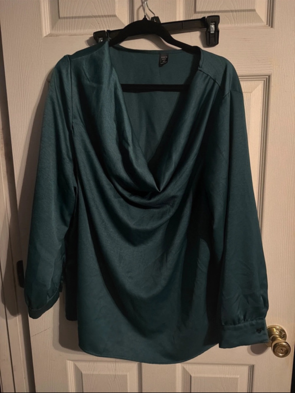 SHEIN Teal Draped Cowl-Neck Long Sleeve Blouse